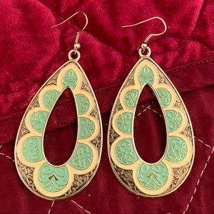 Large Decorative Enamel Drop Earrings Gold Tone